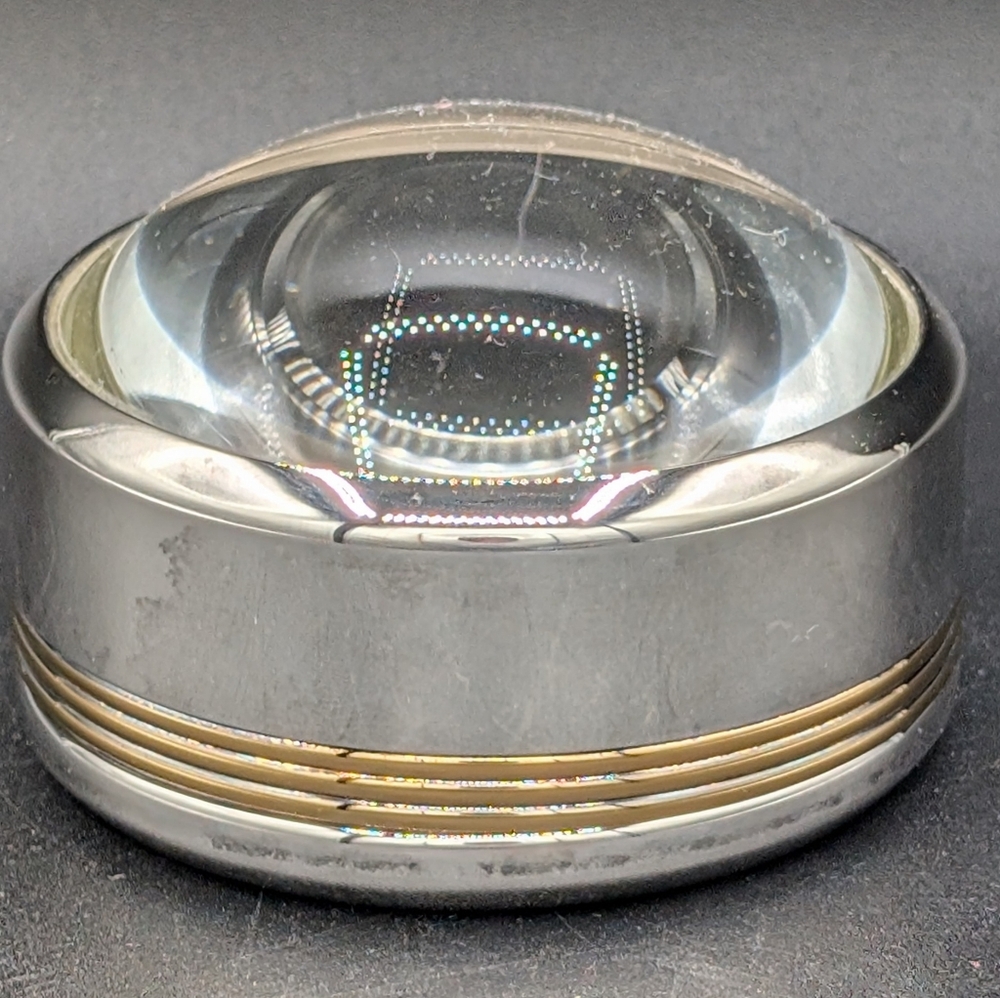 Vintage Christofle Desk Magnifier Trinket Box Silver Plate W Gold Ribbed Band